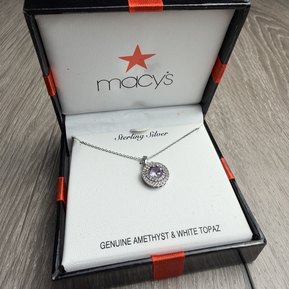 Macy's Sterling Silver Genuine Amethyst White Topaz Halo‎ Pendant Necklace New
